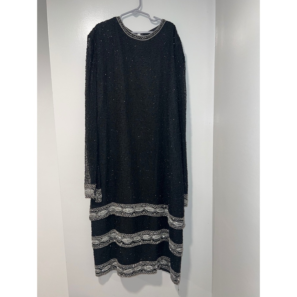 BRILLIANTE by JA Black Beaded Sequin Long Sleeve Cocktail Party Dress Size L - Picture 2 of 3